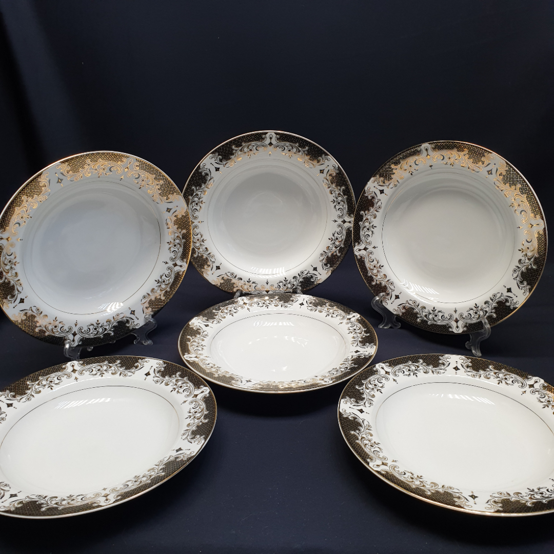 Набор суповых тарелок "Fine Porcelain" 6 шт, фарфор, позолота. Китай.. Картинка 1